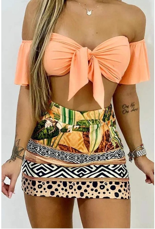 Off the Shoulder Tropical Print Two-Piece Set