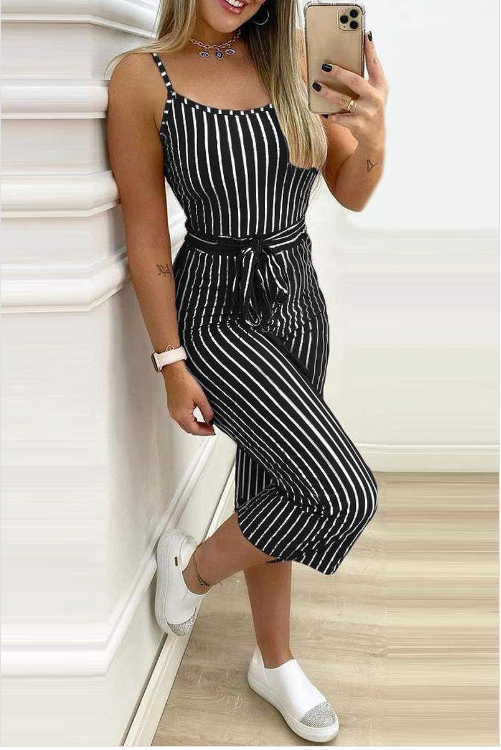 Striped Colorblock Cropped Jumpsuit With Belt