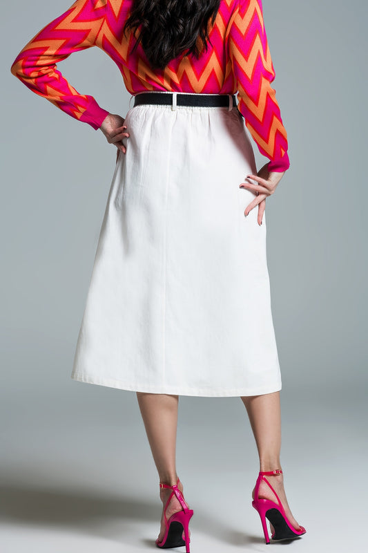 A line Midi White Skirt With Pockets in White