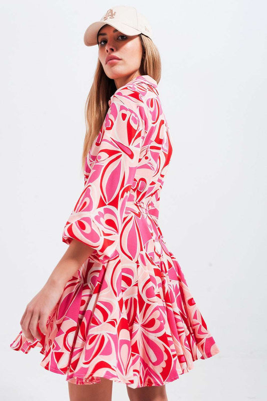 Abstract floral mini dress in pink and red Szua Store