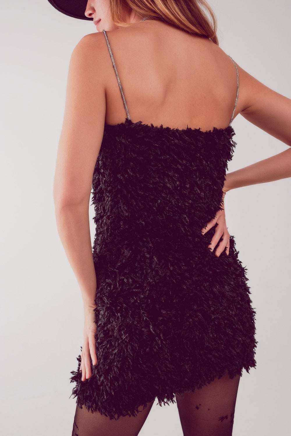 All over faux feather sleeveless mini dress in black Szua Store