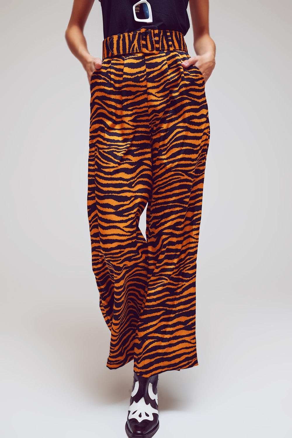 Animal Print Straight Leg Pants With Wide Buckle Belt - Szua Store