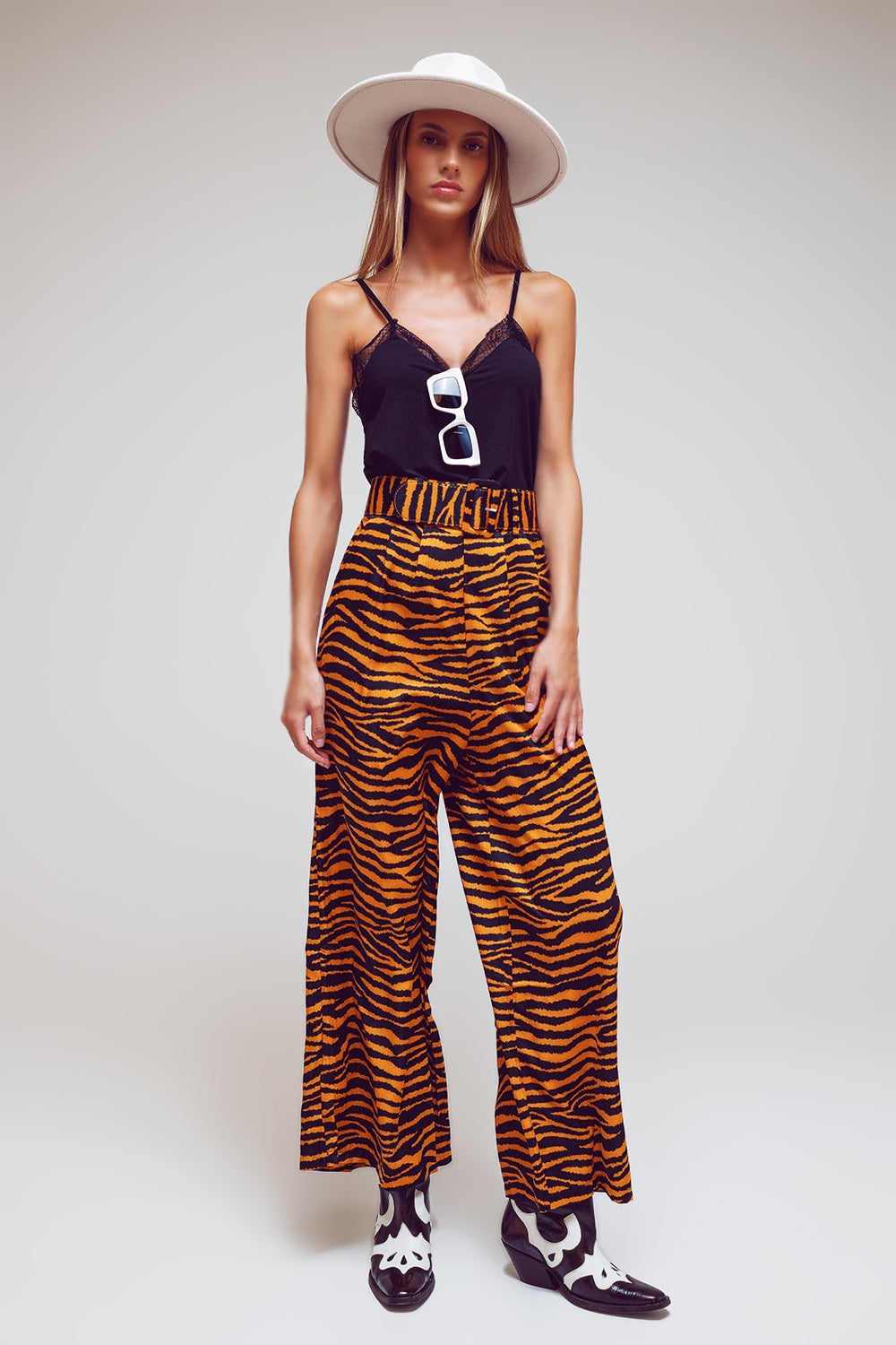 Animal Print Straight Leg Pants With Wide Buckle Belt - Szua Store