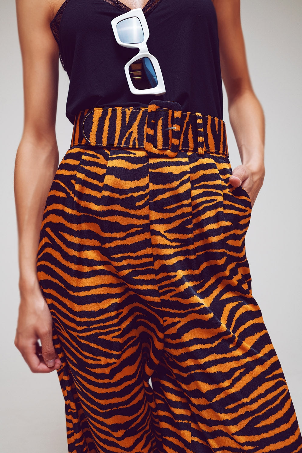 Animal Print Straight Leg Pants With Wide Buckle Belt - Szua Store