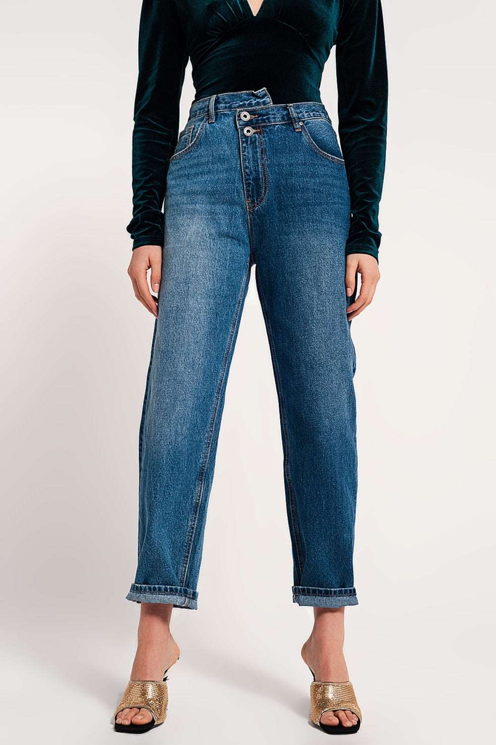 Asymmetric button detail straight jeans in mid blue Szua Store