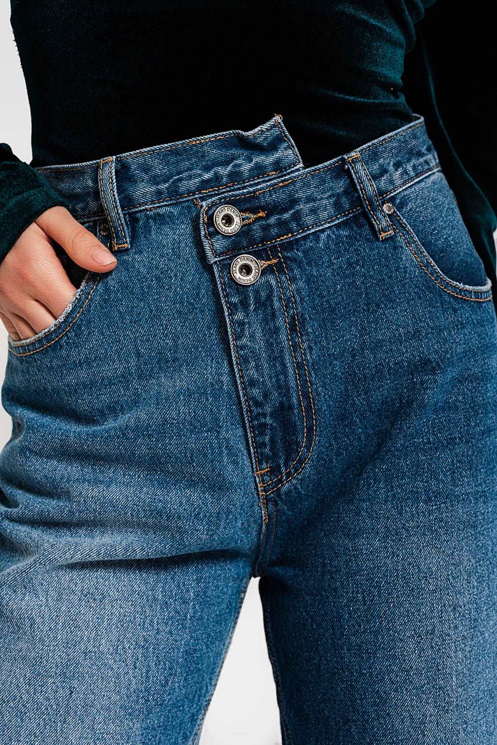 Asymmetric button detail straight jeans in mid blue Szua Store