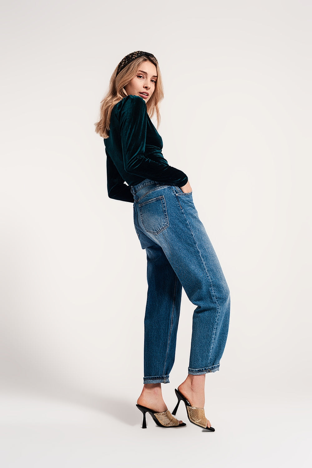 Asymmetric button detail straight jeans in mid blue Szua Store