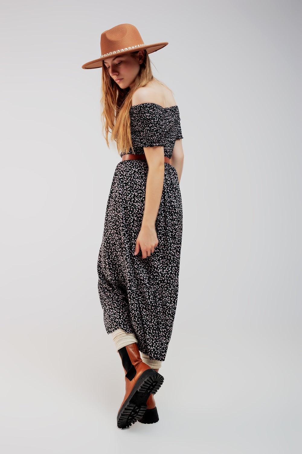 Bardot Frill Maxi Dress in Floral Print Black - Szua Store