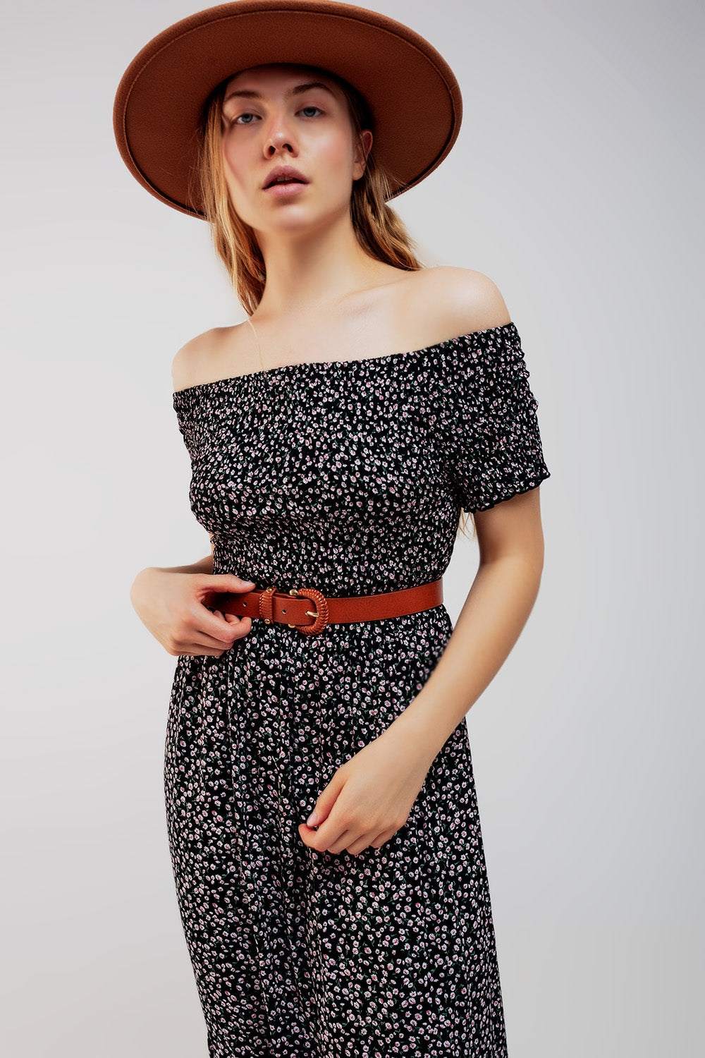 Bardot Frill Maxi Dress in Floral Print Black - Szua Store