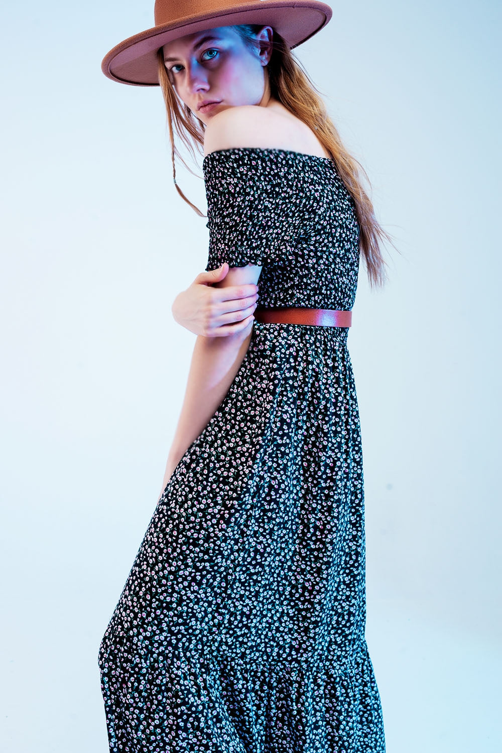 Bardot Frill Maxi Dress in Floral Print Black - Szua Store