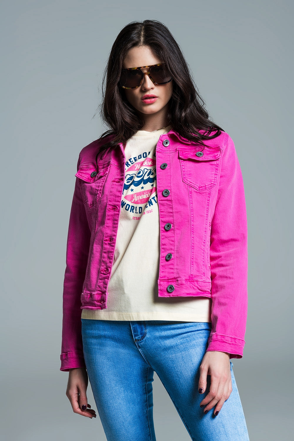 Q2 Basic Denim Jacket With Pockets in Pink