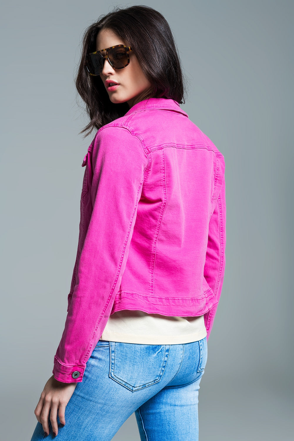 Basic Denim Jacket With Pockets in Pink