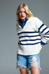 Q2 Basic Sweater With Wide V-Neckline and Collar At The Back In White and Navy Stripes