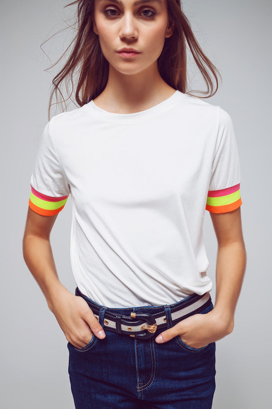 Q2 Basic White  T-shirt With Colorful Stripe At Cuffs