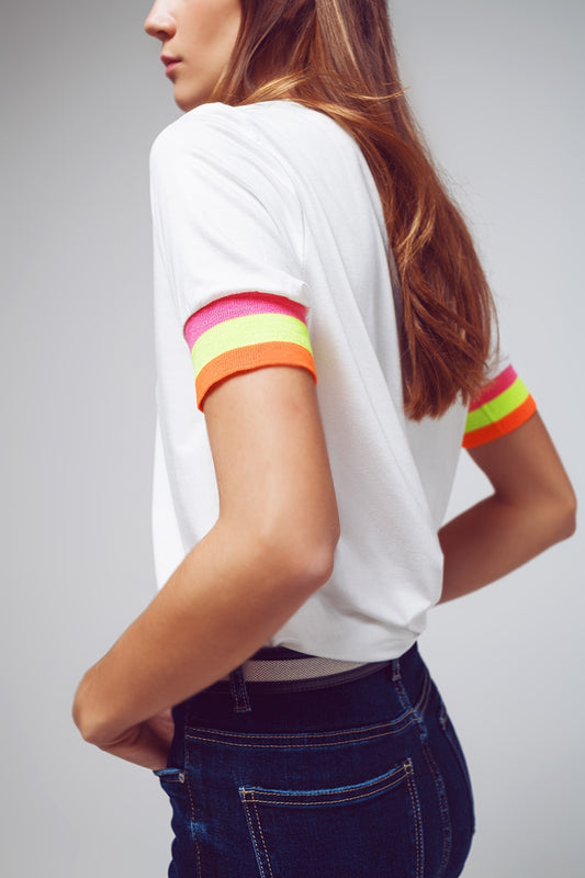 Basic White T-shirt With Colorful Stripe At Cuffs - Szua Store