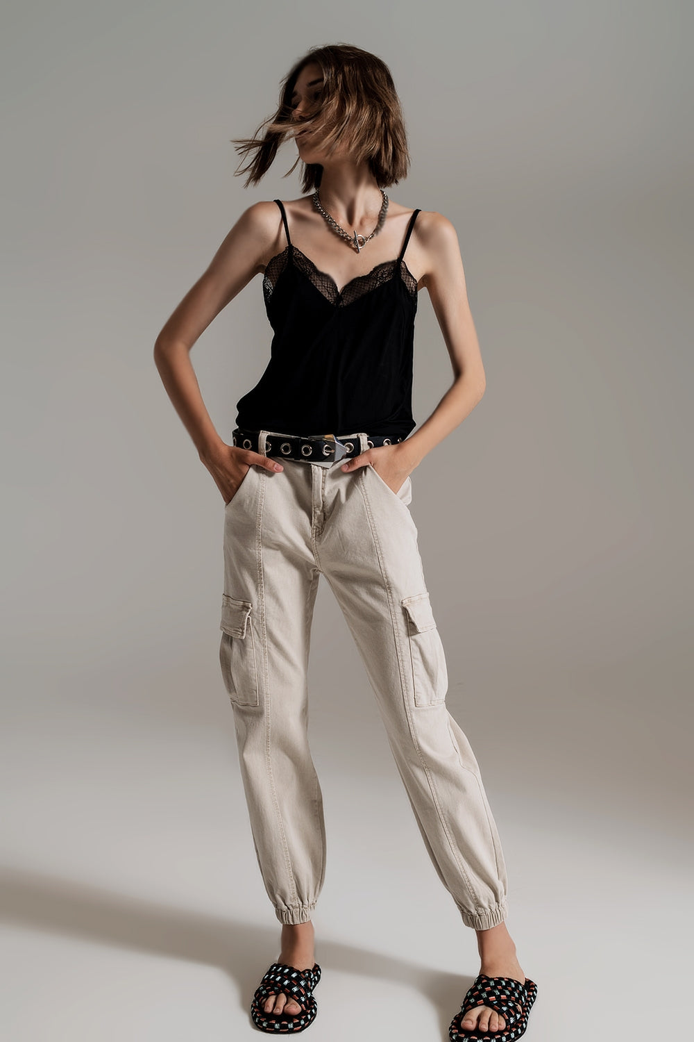 Beige cargo pants with elasticated waist and hem - Szua Store