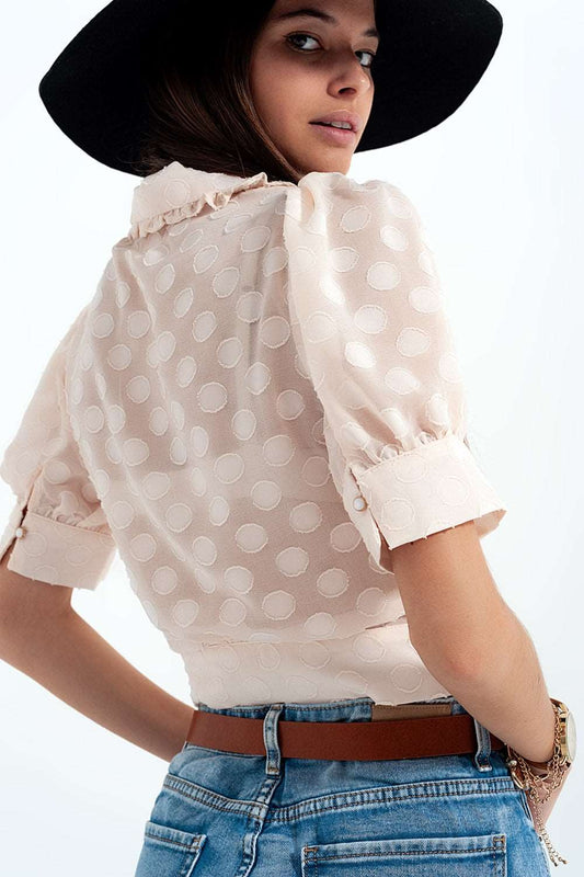 Beige Polka dot blouse with bib collar and embellished buttons Szua Store
