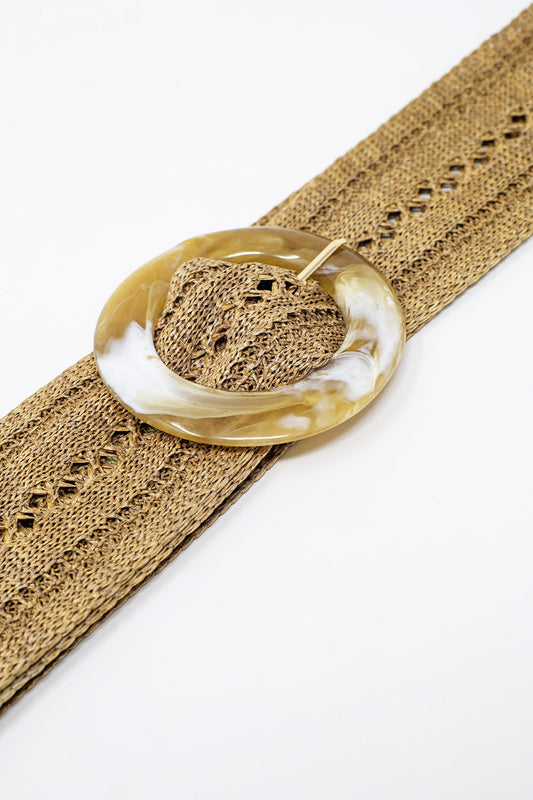 Beige woven belt with round buckle with marble effect