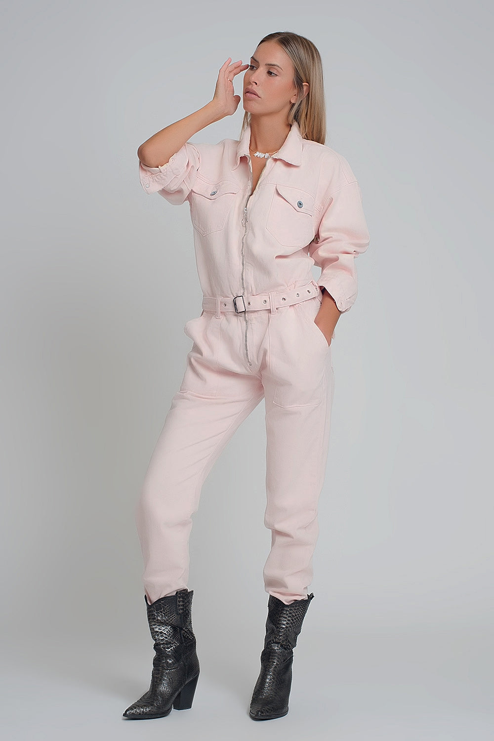 Belted denim boilersuit in pink Szua Store