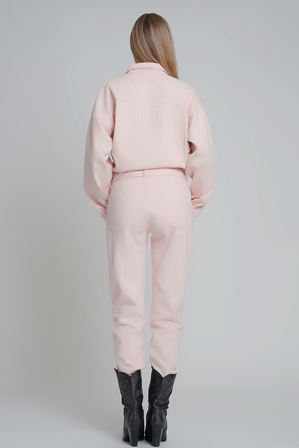 Belted denim boilersuit in pink Szua Store