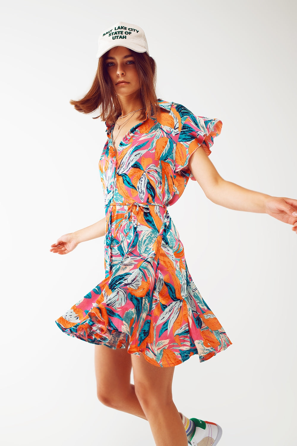 Q2 Belted Mini Shirt Dress With Floral Print in Orange