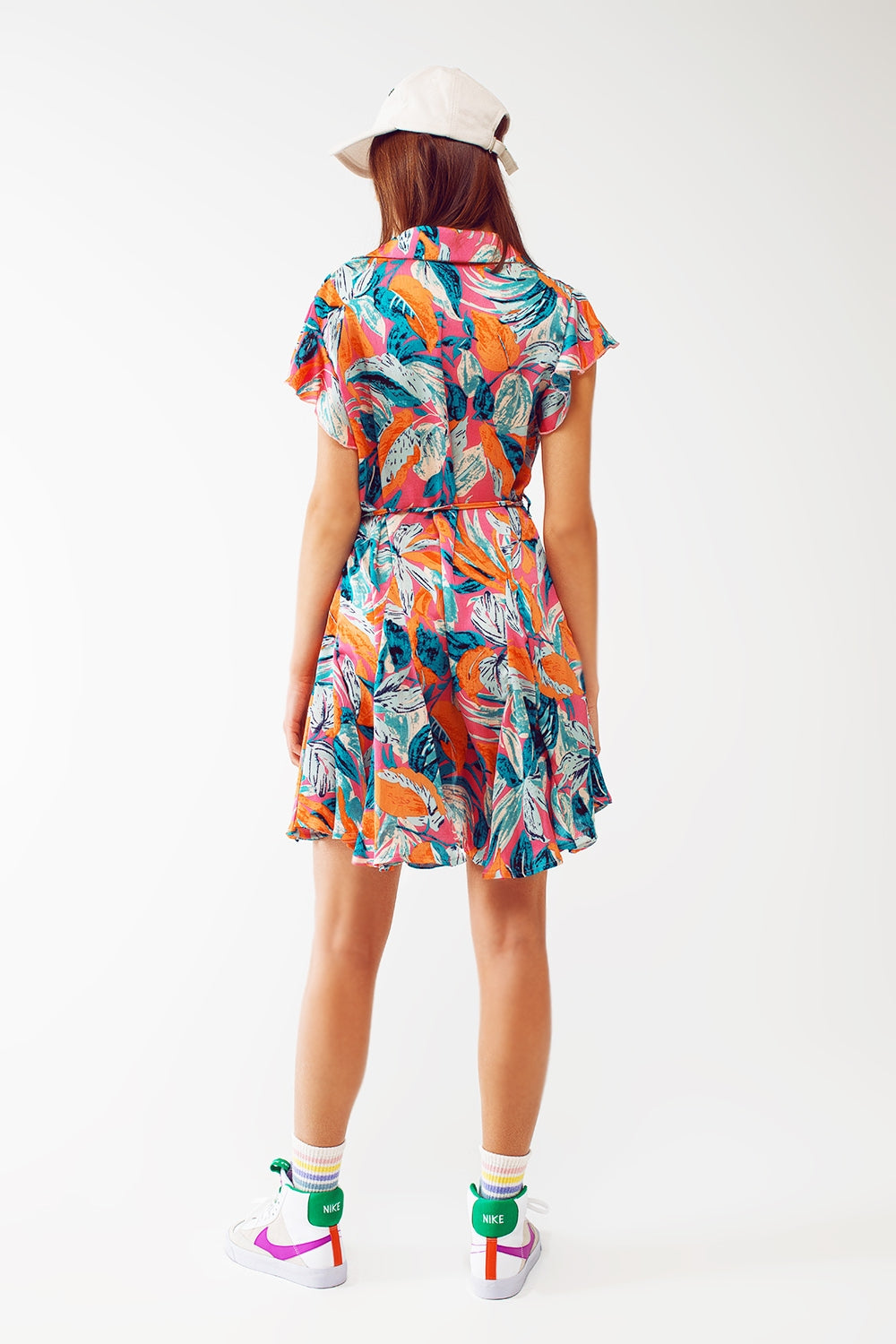 Belted Mini Shirt Dress With Floral Print in Orange - Szua Store