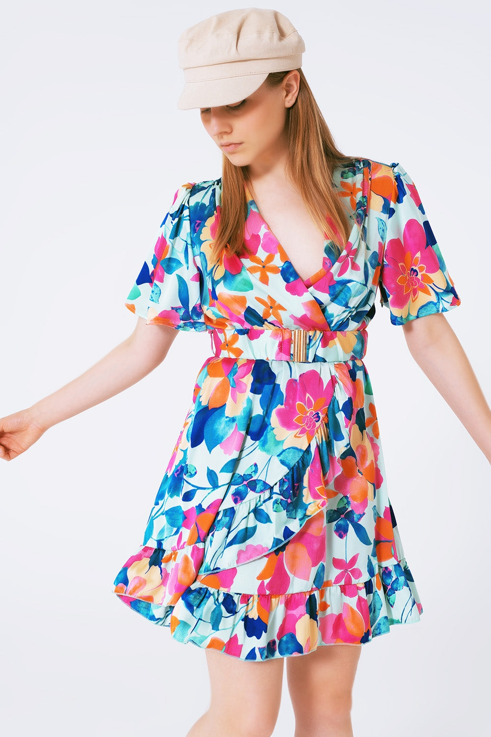 Q2 belted soft satin dress with flower print