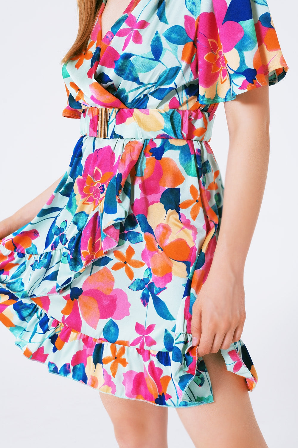 Belted soft satin dress with flower print - Szua Store