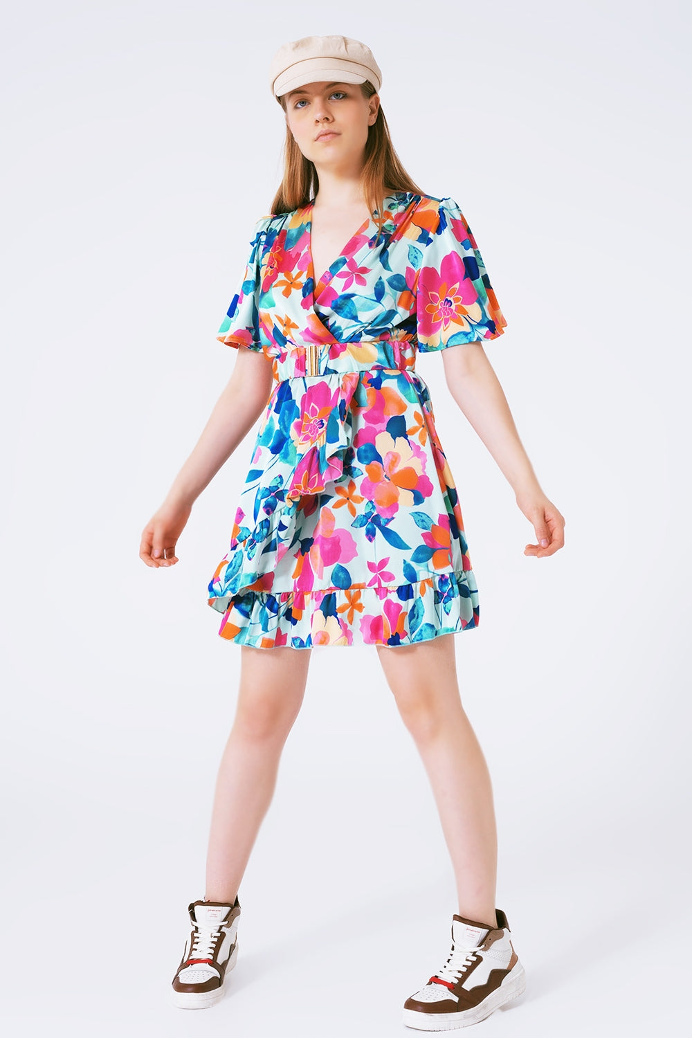 Belted soft satin dress with flower print - Szua Store