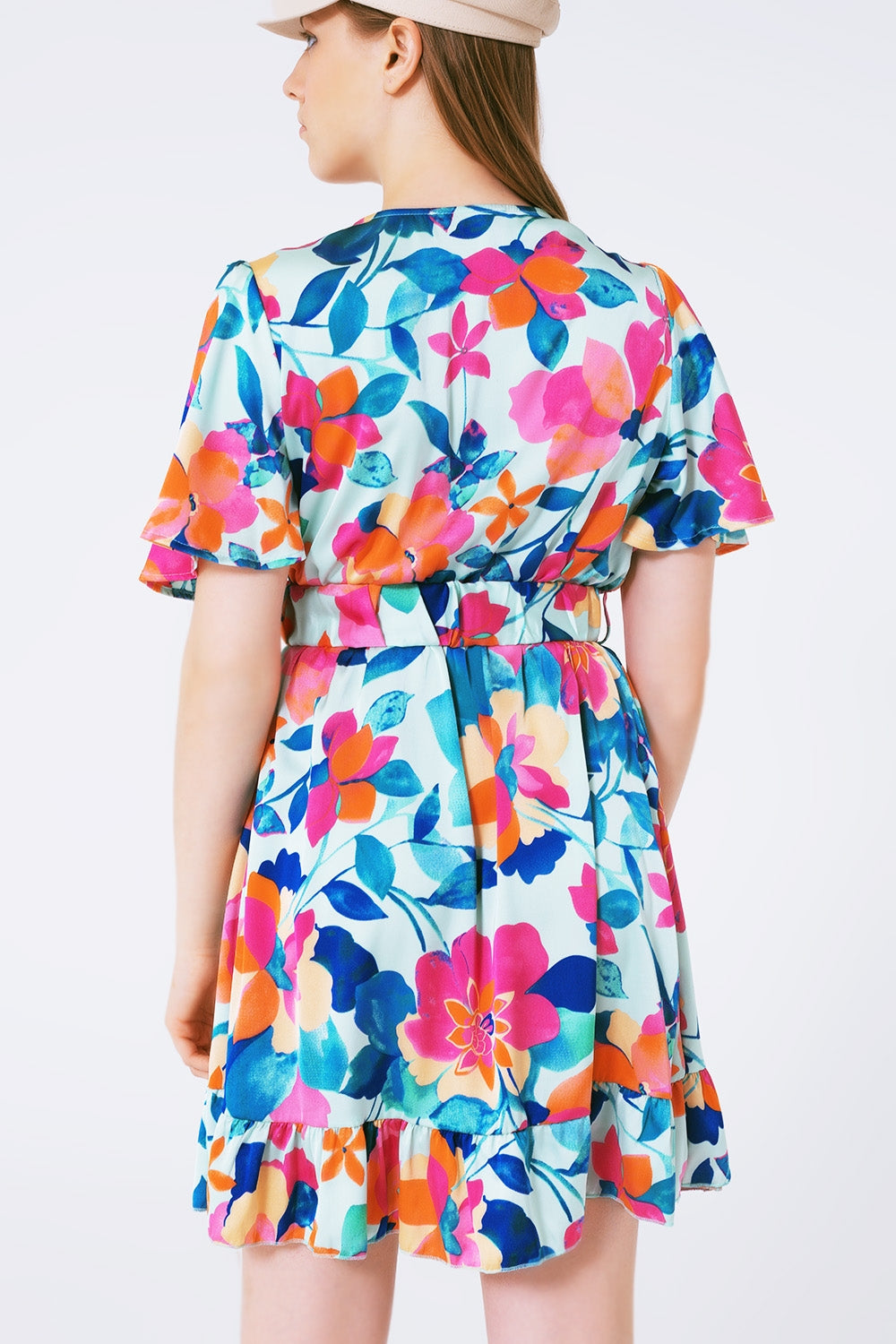 Belted soft satin dress with flower print - Szua Store