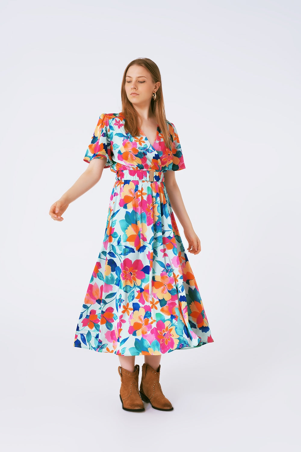 Q2 belted soft satin maxi dress with flower print