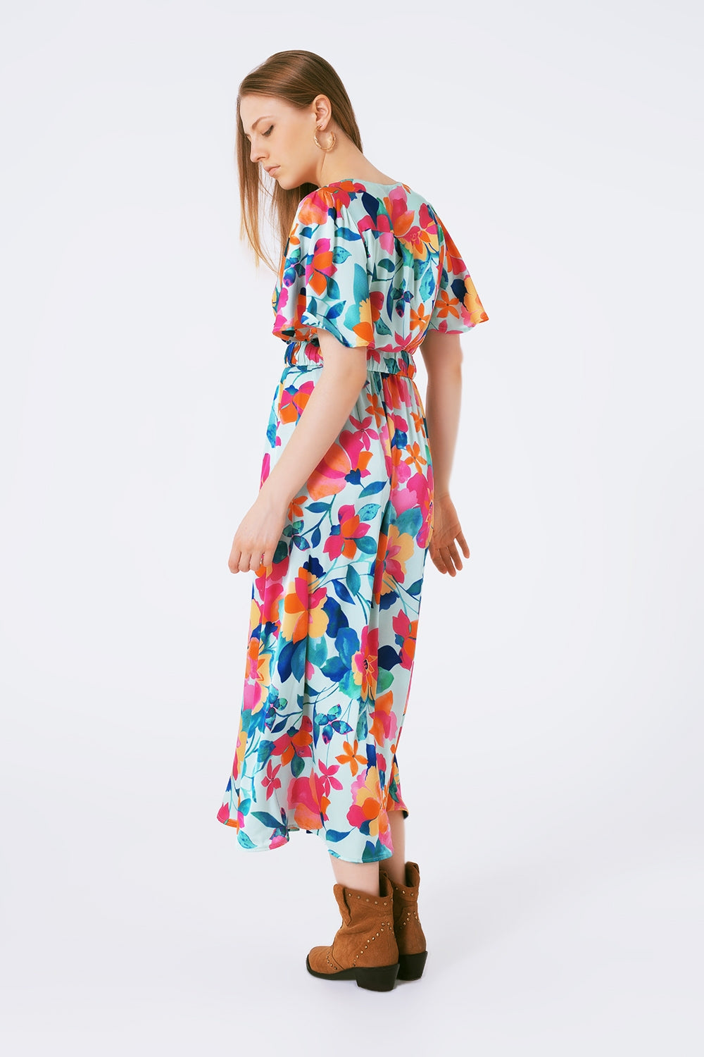 Belted soft satin maxi dress with flower print - Szua Store