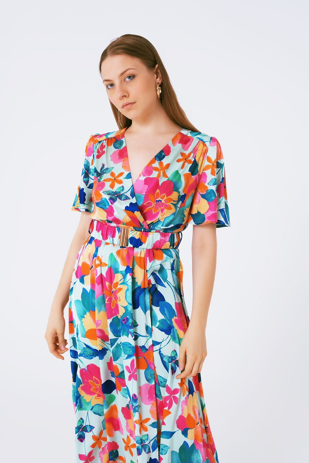 Belted soft satin maxi dress with flower print - Szua Store