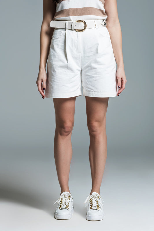 Q2 Bermuda Relaxed Fit Shorts With Front Pleats in White