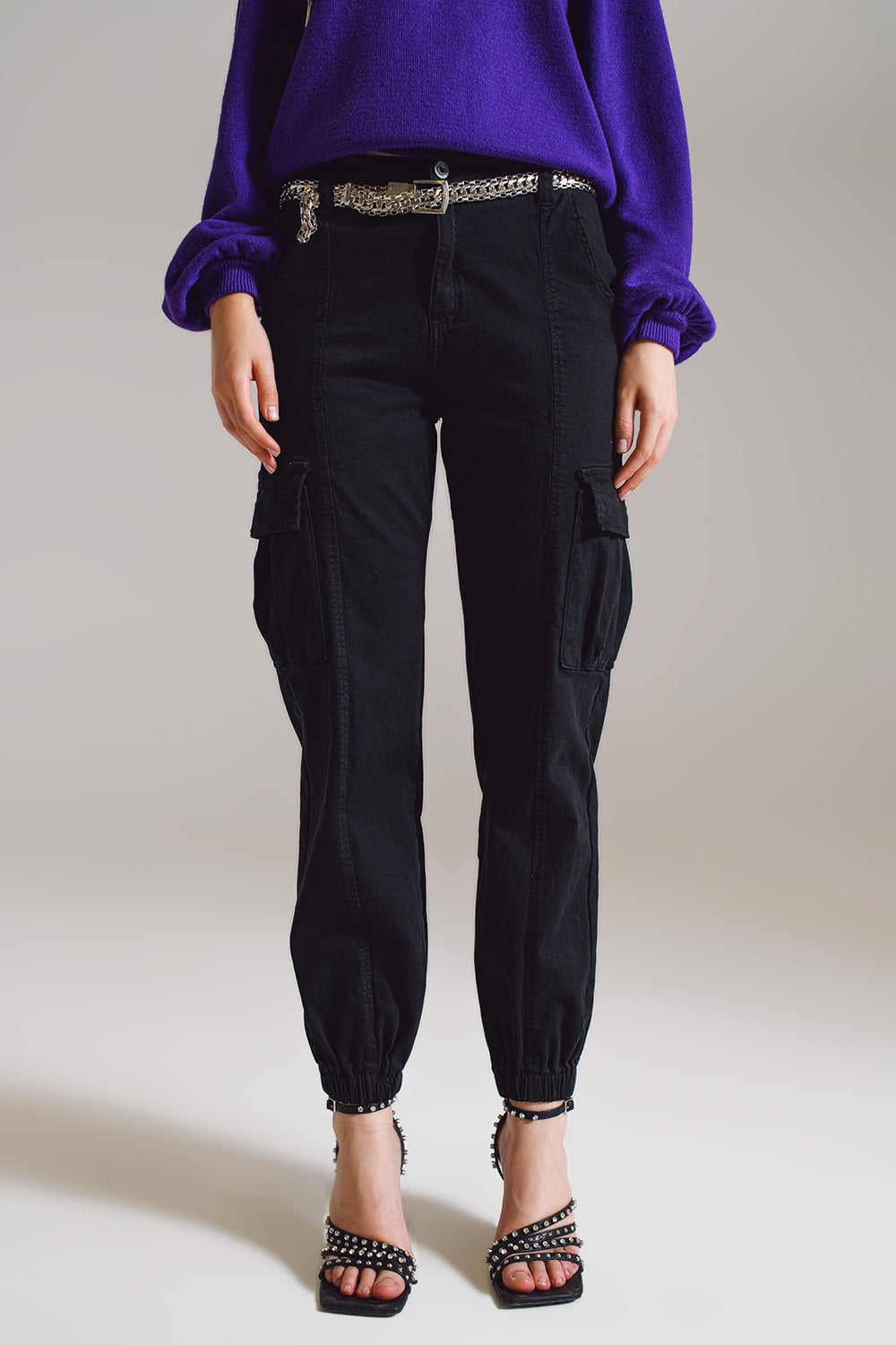 Q2 black cargo pants with elasticated waist and hem