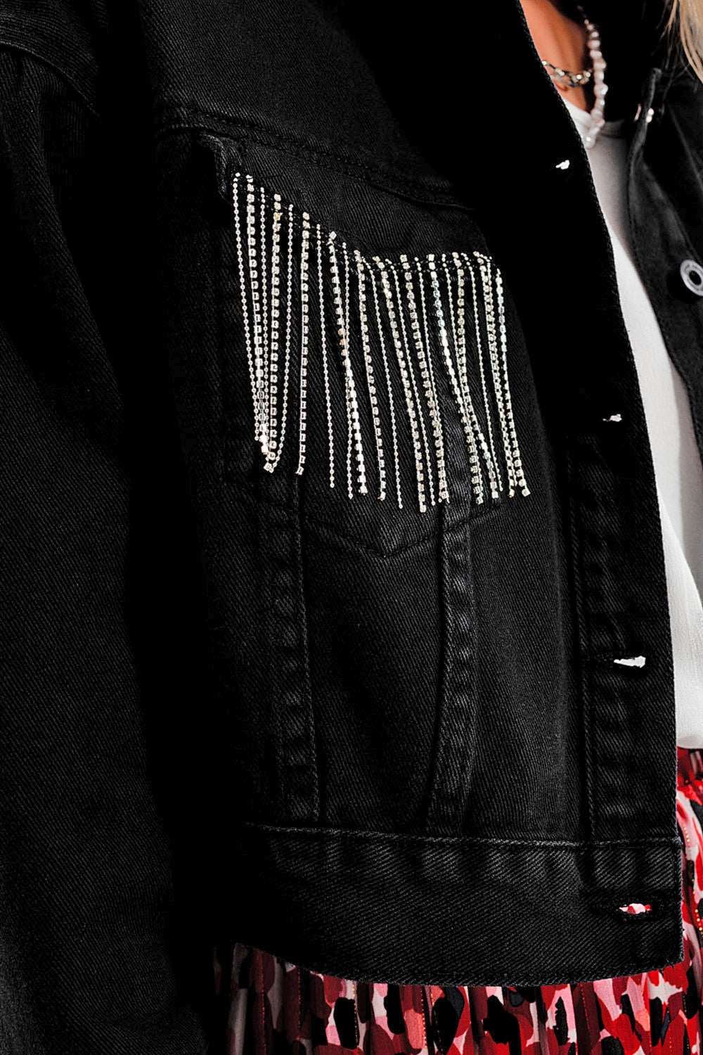 Black denim jacket with strass fringing Szua Store