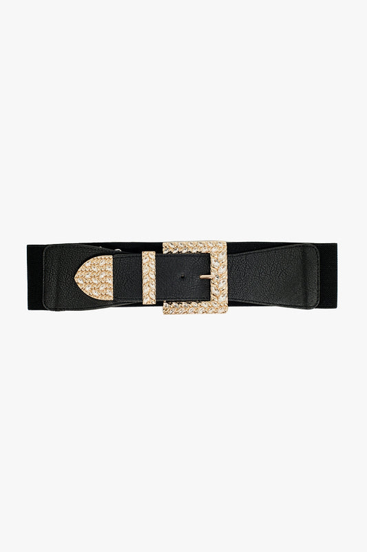 Black elastic belt with buckle and metal tip with rhinestones