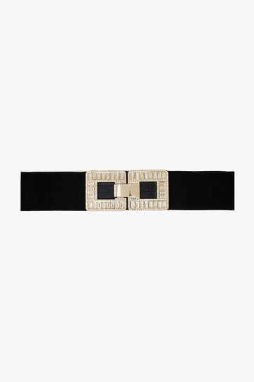 Q2 Black elastic belt with double-closing square buckle in rhinestones and metal