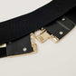 Black elastic belt with double-closing square buckle in rhinestones and metal