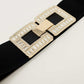 Black elastic belt with double-closing square buckle in rhinestones and metal