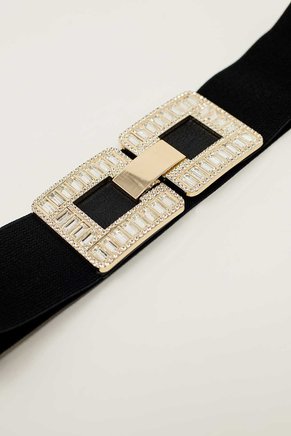 Black elastic belt with double-closing square buckle in rhinestones and metal