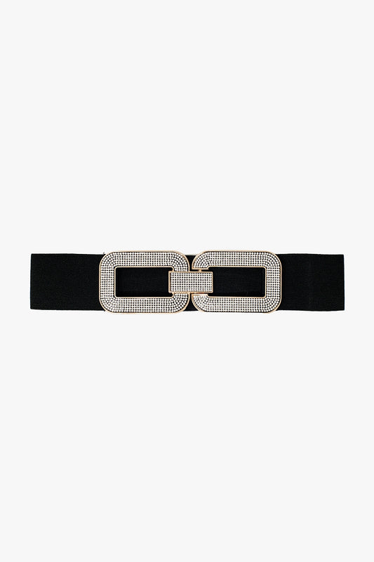 Black elastic belt with double oval buckle with rhinestone inlays