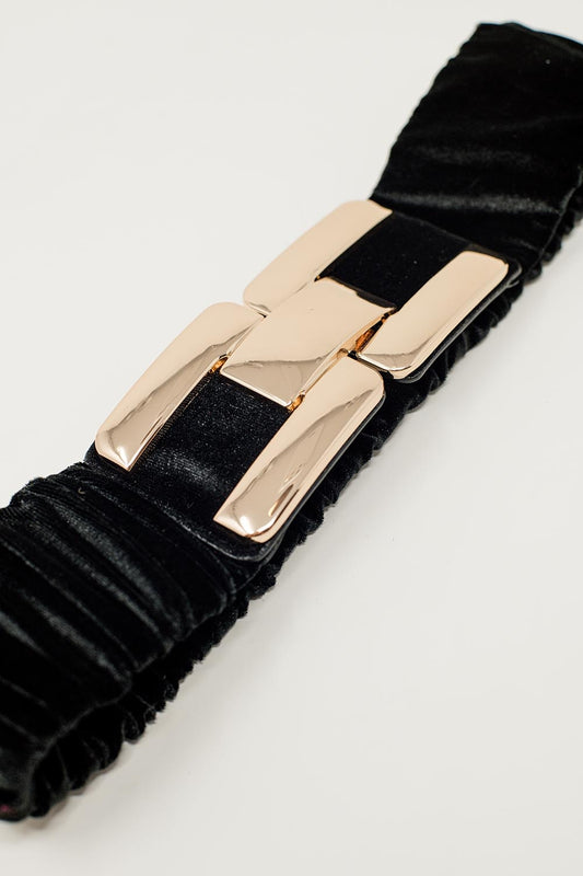 Black elastic velvet belt with metal closure