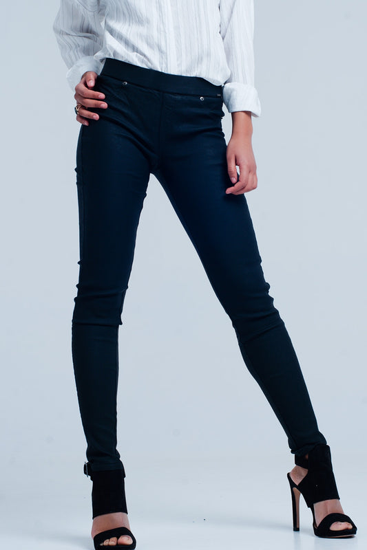 Q2 Black gloss Look Pants with Stretchband