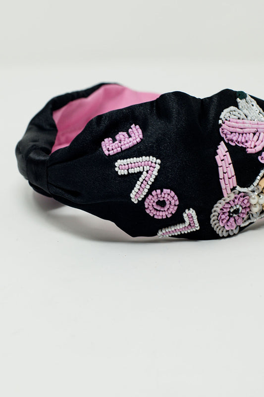 Black Headband With Embroidered Bird