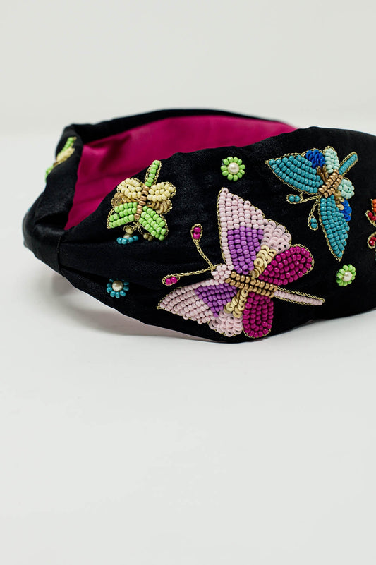 Black Headband With Embroidered Butterflies and Flowers