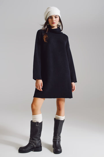 Q2 Black High Neck Straight Style Knitted Dress