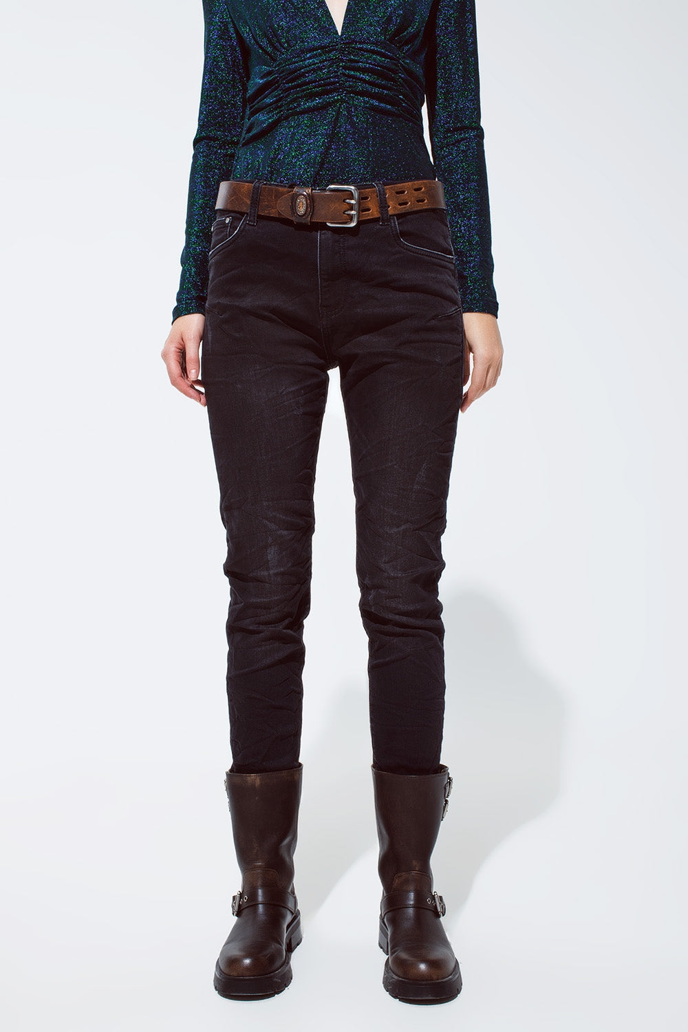 Q2 black jeans with elastic waist and cord