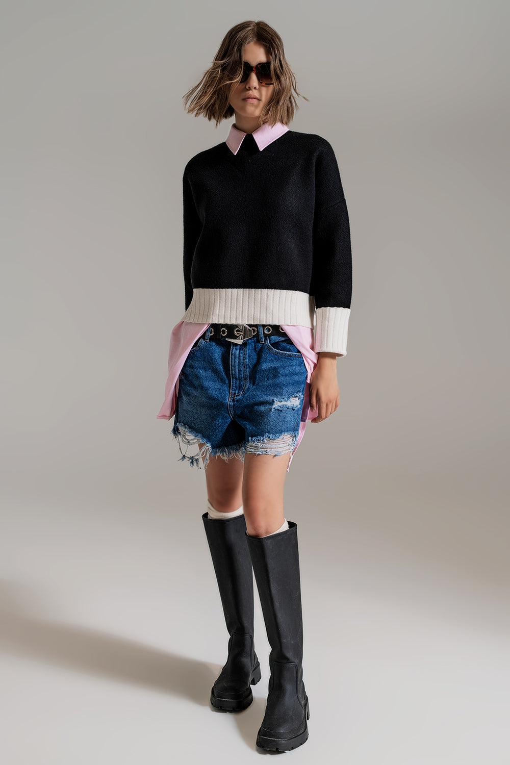 Black jumper with white ribbed cuffs and hem - Szua Store