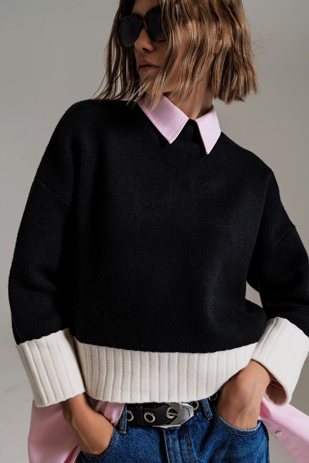 Black jumper with white ribbed cuffs and hem - Szua Store